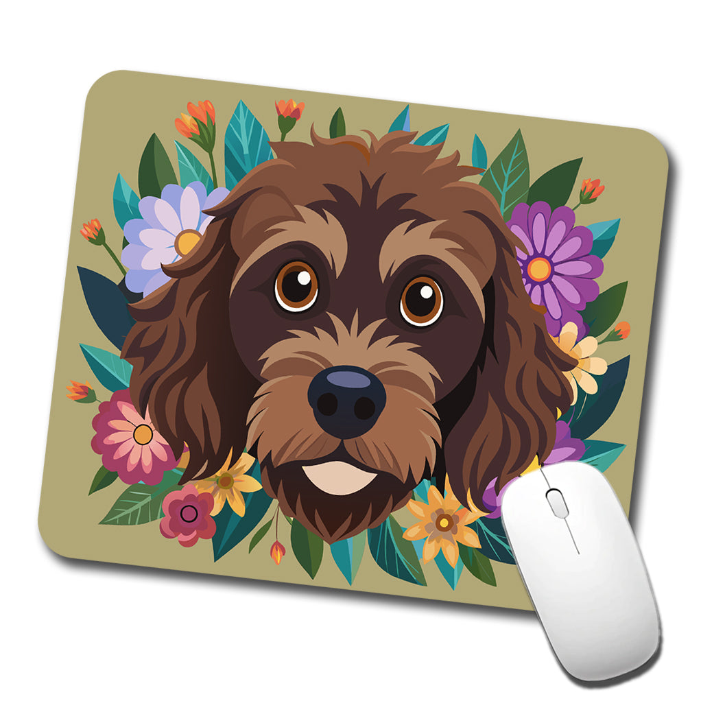 Brown Labradoodle Head Floral Motif Dog Cute Low Profile Mouse Pad Mat