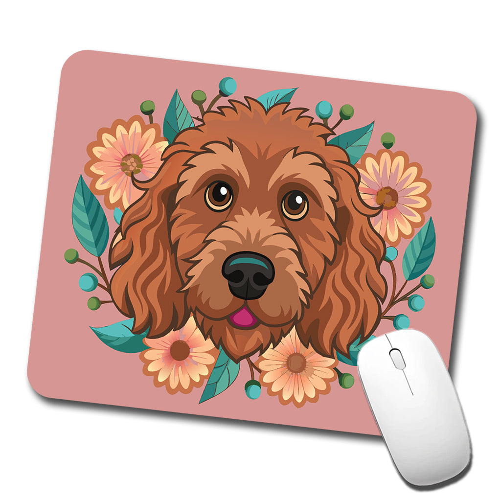 Brown Labradoodle Head Floral Motif Dog Pink Background Low Profile Mouse Pad Mat