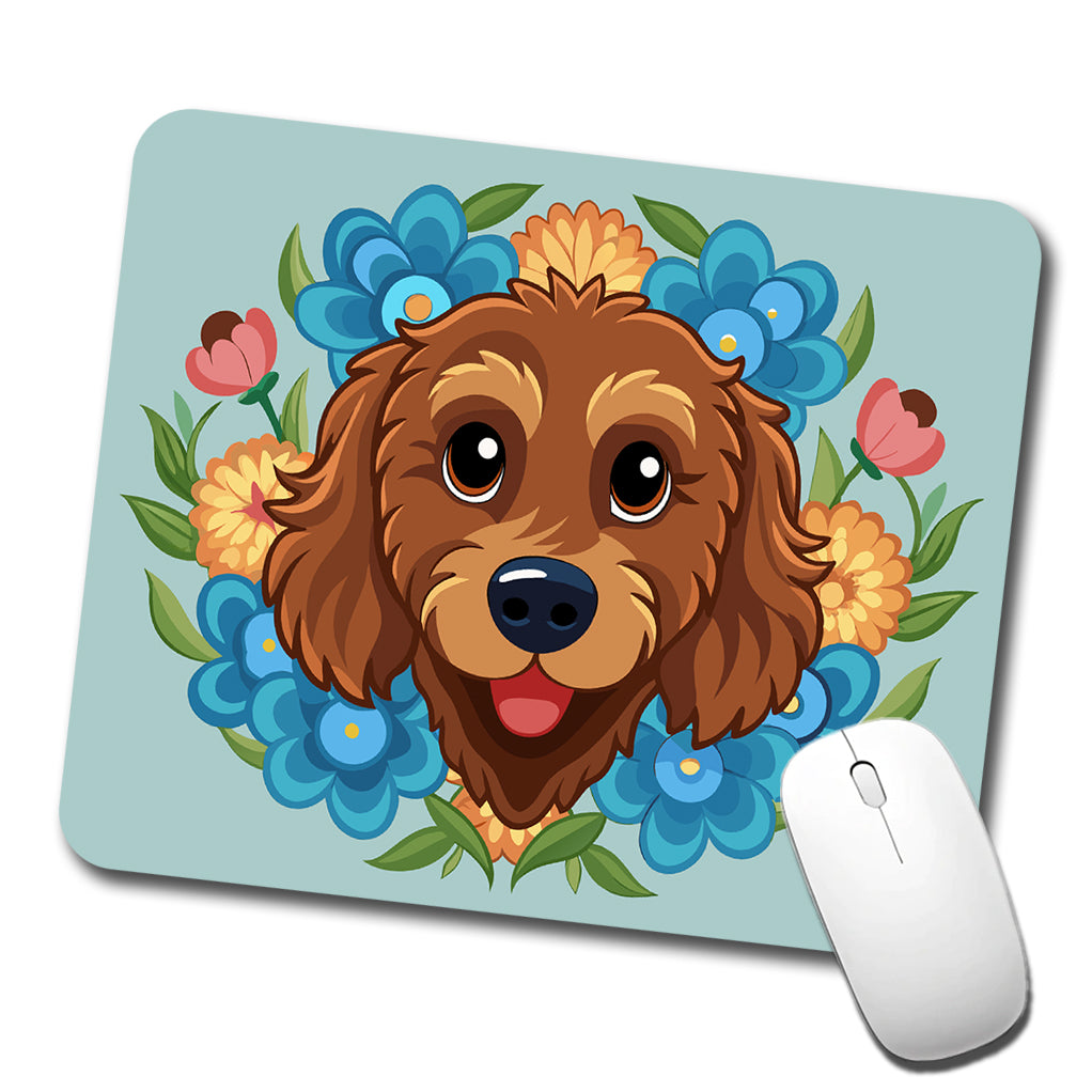 Brown Labradoodle Head Floral Motif Dog Low Profile Mouse Pad Mat