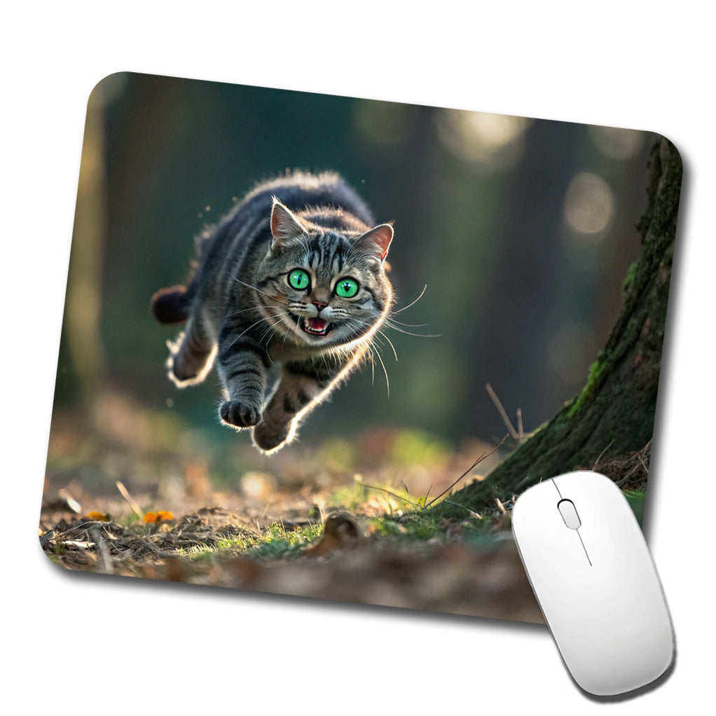 Cat Leaping Green Eyes Funny Low Profile Mouse Pad Mat