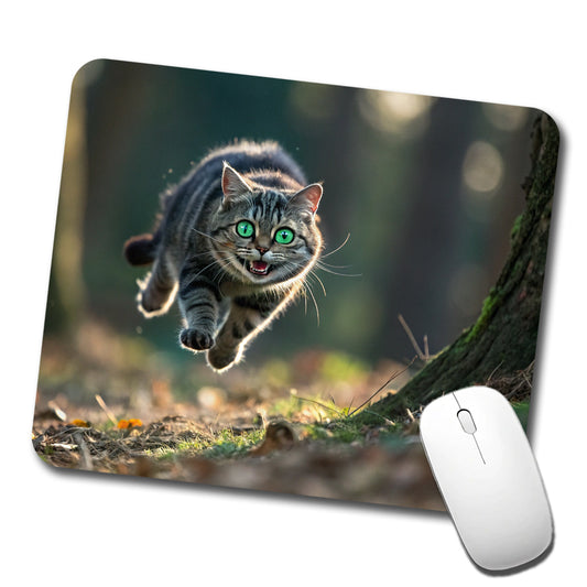 Cat Leaping Green Eyes Funny Low Profile Mouse Pad Mat