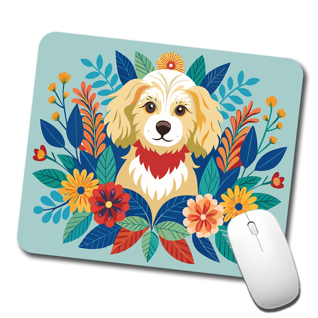 Cavapoo Floral Motif Dog Blue Low Profile Mouse Pad Mat