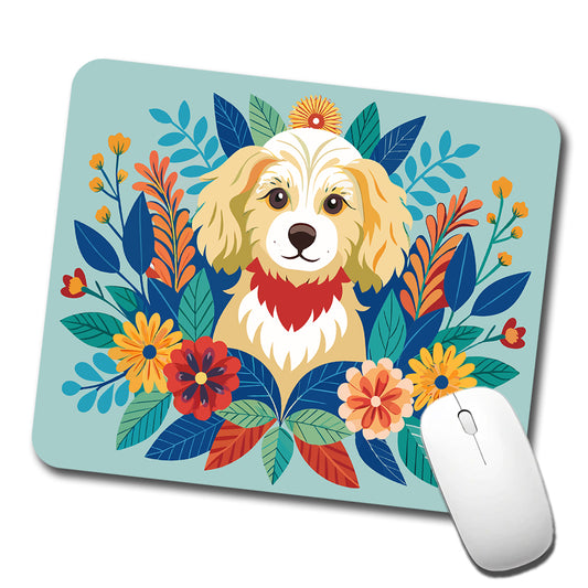 Cavapoo Floral Motif Dog Blue Low Profile Mouse Pad Mat