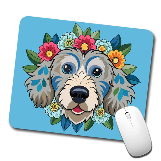 Cockapoo Head Floral Motif Light Blue Dog Low Profile Mouse Pad Mat