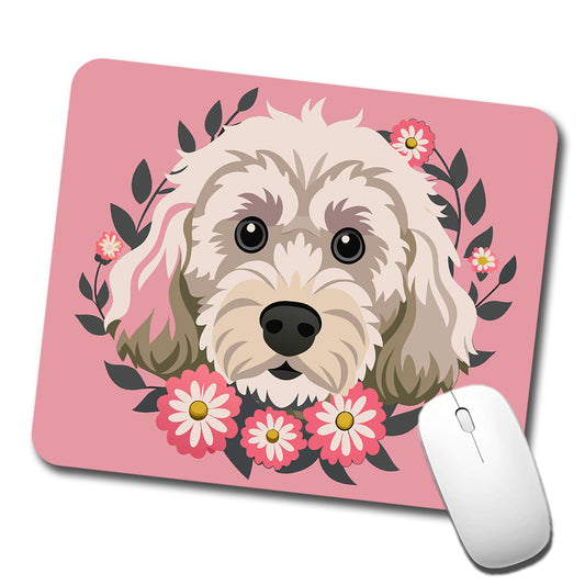 Cockapoo Head Floral Motif Light Pink Dog Low Profile Mouse Pad Mat