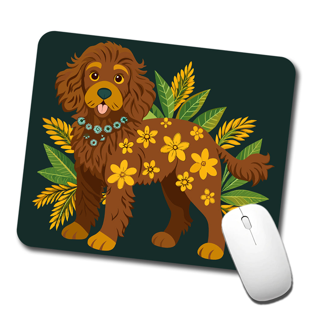 Dark Brown Golden Doodle Floral Motif Green Dog Low Profile Mouse Pad Mat