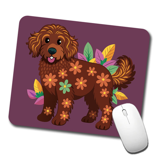 Dark Brown Golden Doodle Floral Motif Purple Dog Low Profile Mouse Pad Mat