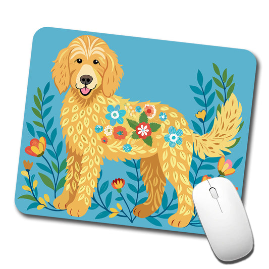 Golden Doodle Floral Motif Blue Dog Low Profile Mouse Pad Mat