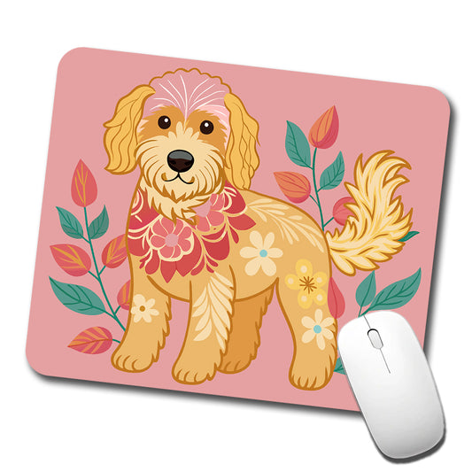 Golden Doodle Floral Motif Pink Dog Low Profile Mouse Pad Mat