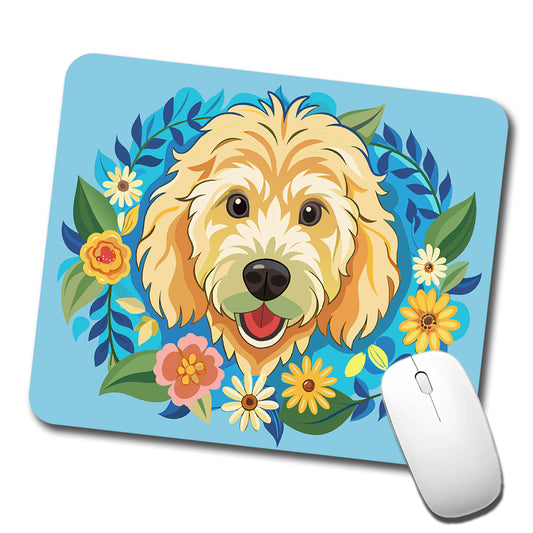 Golden Doodle Head Floral Motif Blue Background Dog Low Profile Mouse Pad Mat