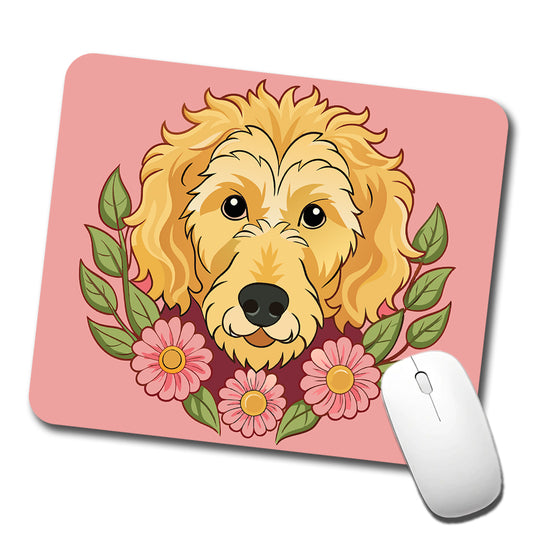 Golden Doodle Head Floral Motif Pink Dog Low Profile Mouse Pad Mat