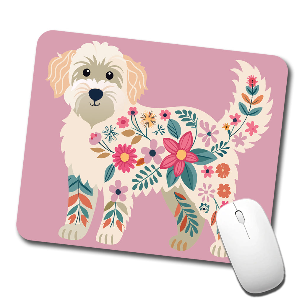 Labradoodle Floral Motif Pink Cute Dog Low Profile Mouse Pad Mat