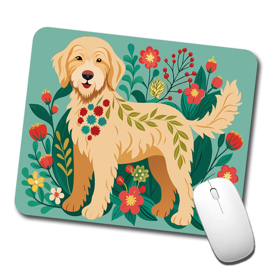 Labradoodle Floral Motif Tan Dog Low Profile Mouse Pad Mat