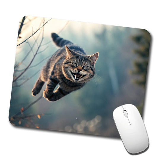 Leaping Funny Cat Grinning Low Profile Mouse Pad Mat