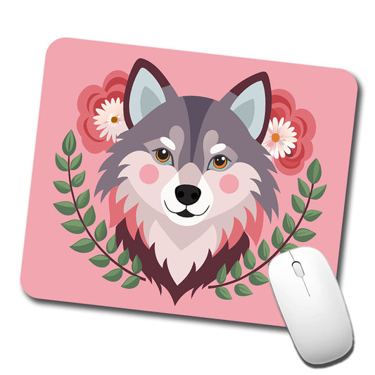 Pomsky Head Floral Motif Pink Cute Dog Low Profile Mouse Pad Mat