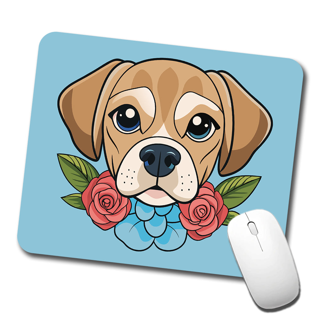 Puggle Head Floral Motif Blue Dog Low Profile Mouse Pad Mat