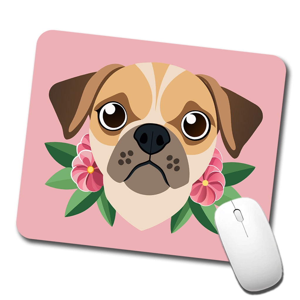 Puggle Head Floral Motif Pink Dog Low Profile Mouse Pad Mat