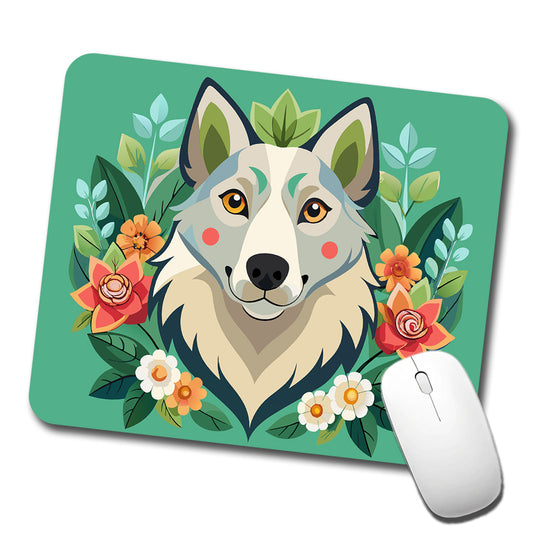 Siberian Retriever Head Floral Motif Green Dog Low Profile Mouse Pad Mat