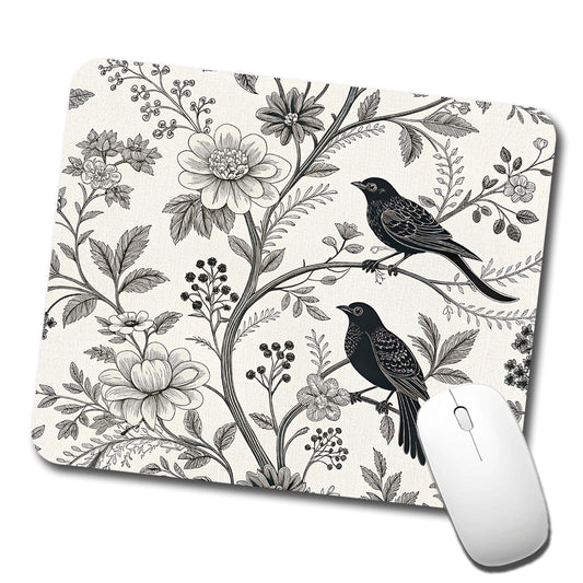 Black On White Toile With Birds Low Profile Mouse Pad Mat