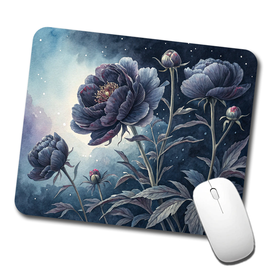 Black Peony Flowers Low Profile Mouse Pad Mat