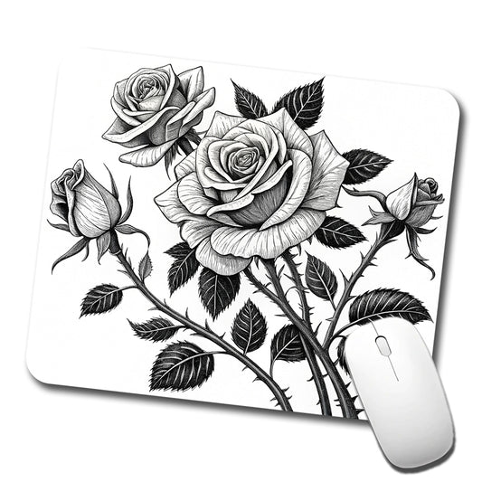 Black White Roses Low Profile Mouse Pad Mat