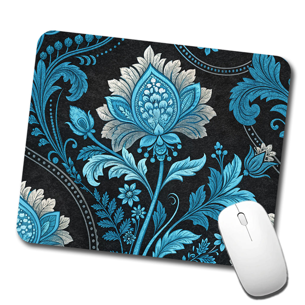 Blue Damask On Black Low Profile Mouse Pad Mat
