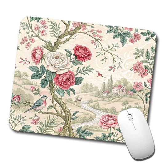 Toile Pattern Flowers Birds Low Profile Mouse Pad Mat