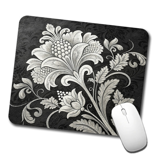 White Damask On Black Low Profile Mouse Pad Mat