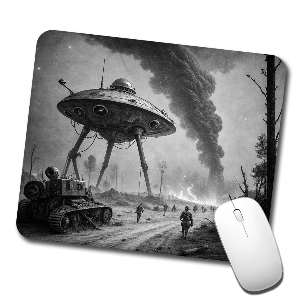 Martian Alien Invasion Tripod War Machine Retro Black and White Low Profile Mouse Pad Mat