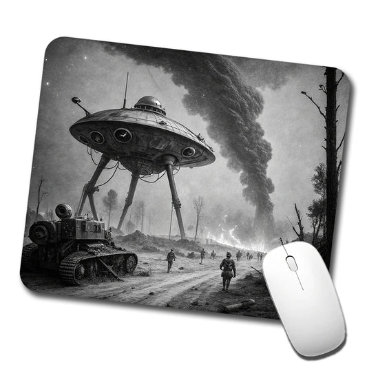 Martian Alien Invasion Tripod War Machine Retro Black and White Low Profile Mouse Pad Mat