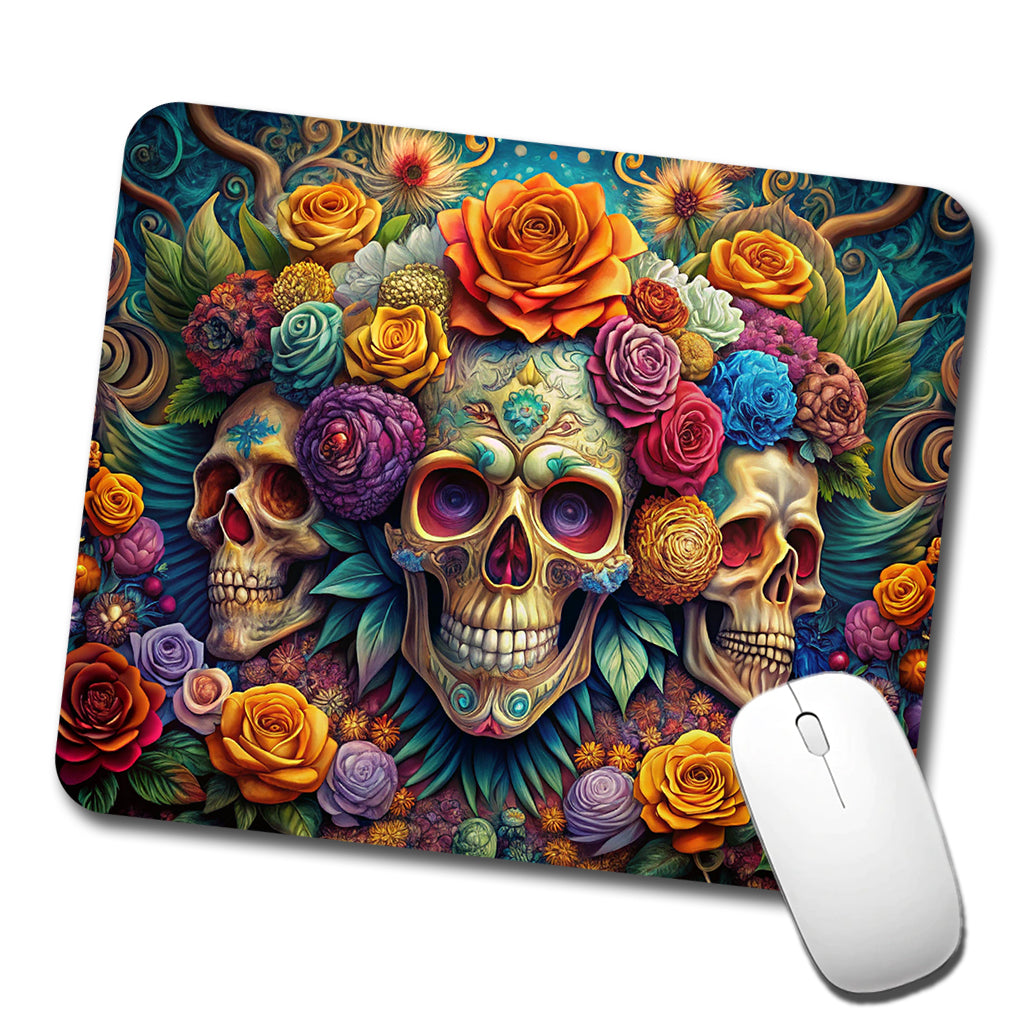 Psychedelic Colorful Skulls Flowers And Roses Low Profile Mouse Pad Mat