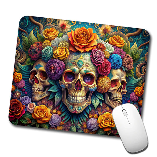 Psychedelic Colorful Skulls Flowers And Roses Low Profile Mouse Pad Mat