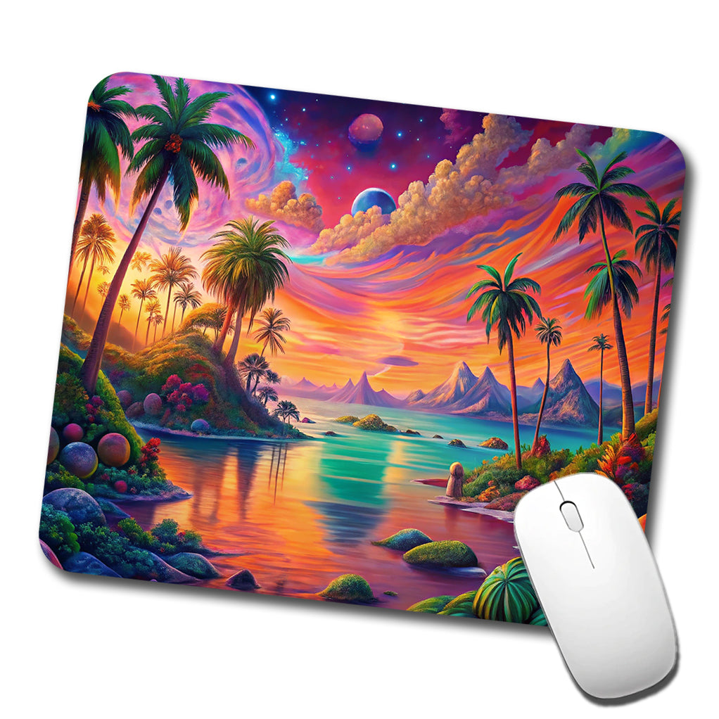 Psychedelic Colorful Tropical Beach Scene Low Profile Mouse Pad Mat
