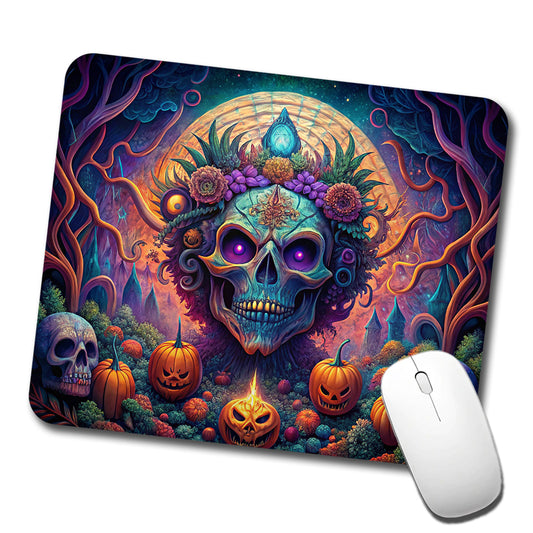 Psychedelic Halloween Skulls Pumpkins Vibrant Colors Low Profile Mouse Pad Mat