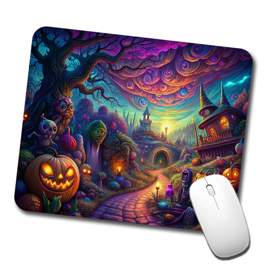 Psychedelic Halloween Town Scene Vibrant Colors Low Profile Mouse Pad Mat