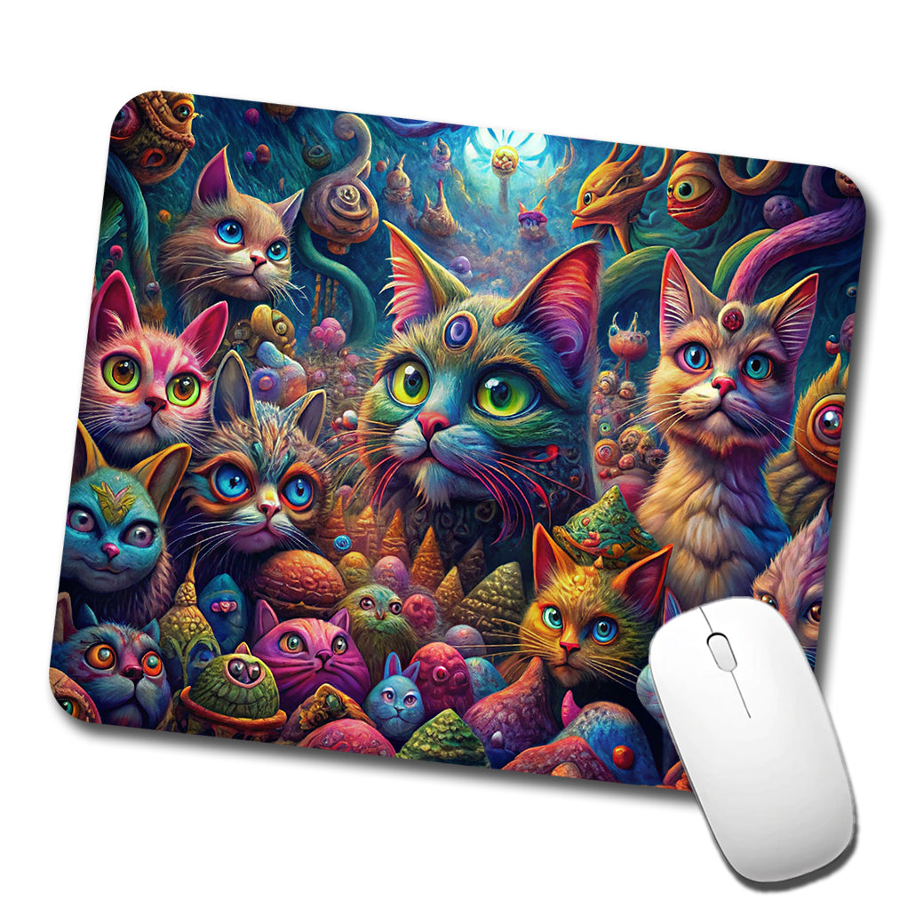 Psychedelic Lots of Cats Vibrant Colors Low Profile Mouse Pad Mat