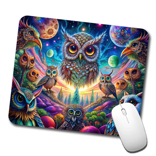 Psychedelic Lots of Owls Vibrant Colors Low Profile Mouse Pad Mat