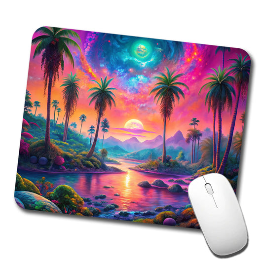 Psychedelic Tropical Palm Trees Colorful Scene Low Profile Mouse Pad Mat