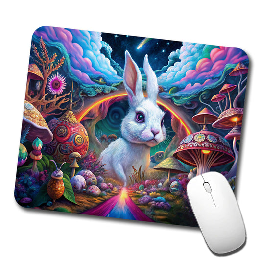 White Rabbit Psychedelic Trippy Wonderland Design Low Profile Mouse Pad Mat