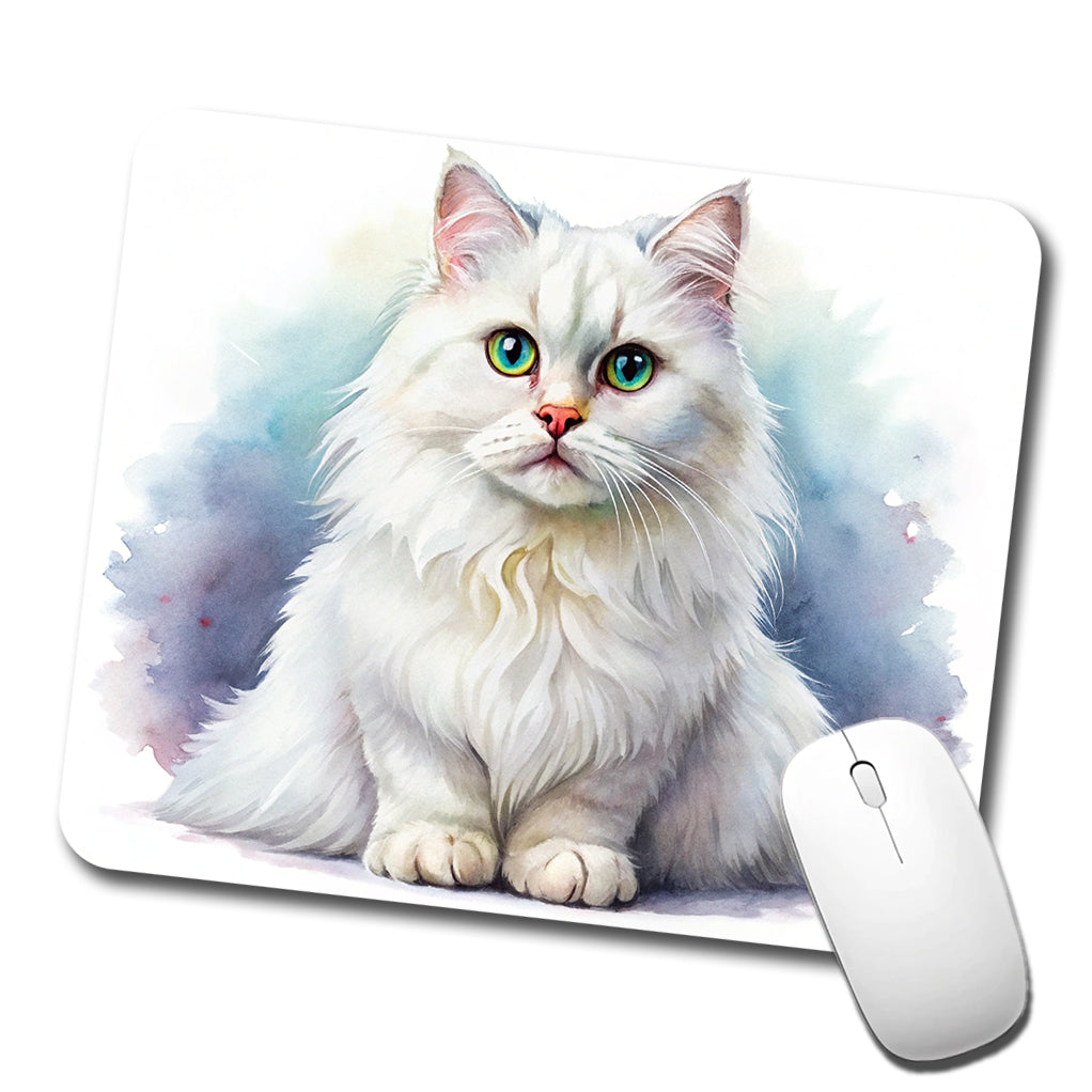 British Longhair White Cat Watercolor Style Low Profile Mouse Pad Mat