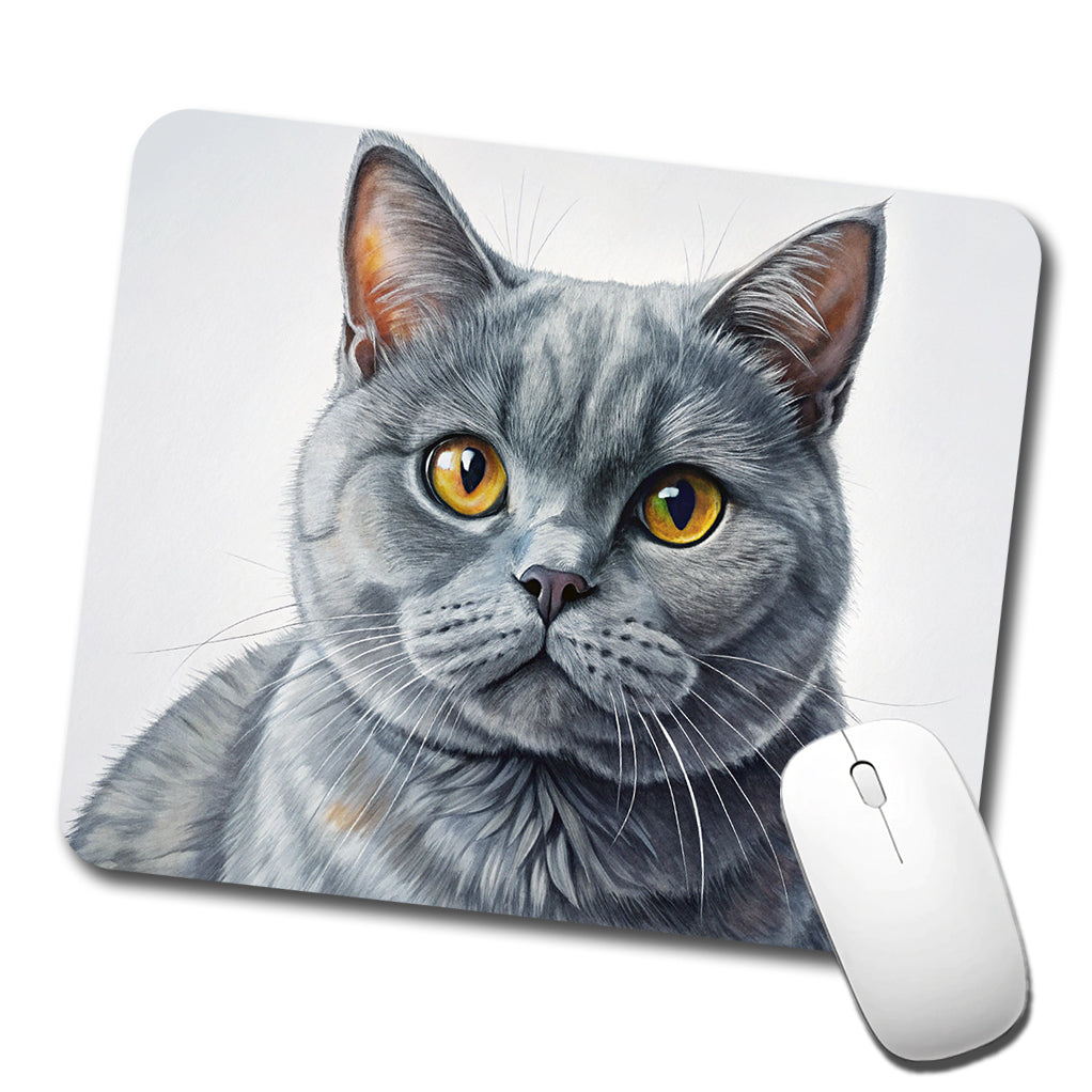 British Shorthair Gray Cat Illustration Low Profile Mouse Pad Mat