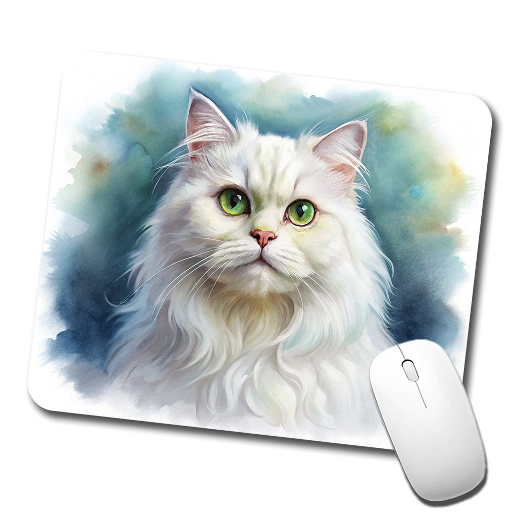 Classic Persian White Cat Watercolor Style Low Profile Mouse Pad Mat