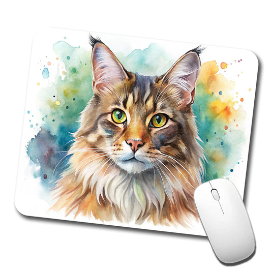 Maine Coon Cat Watercolor Style Low Profile Mouse Pad Mat