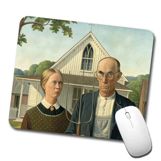 American Gothic Grant Wood Painting Inspired Low Profile Mouse Pad Mat