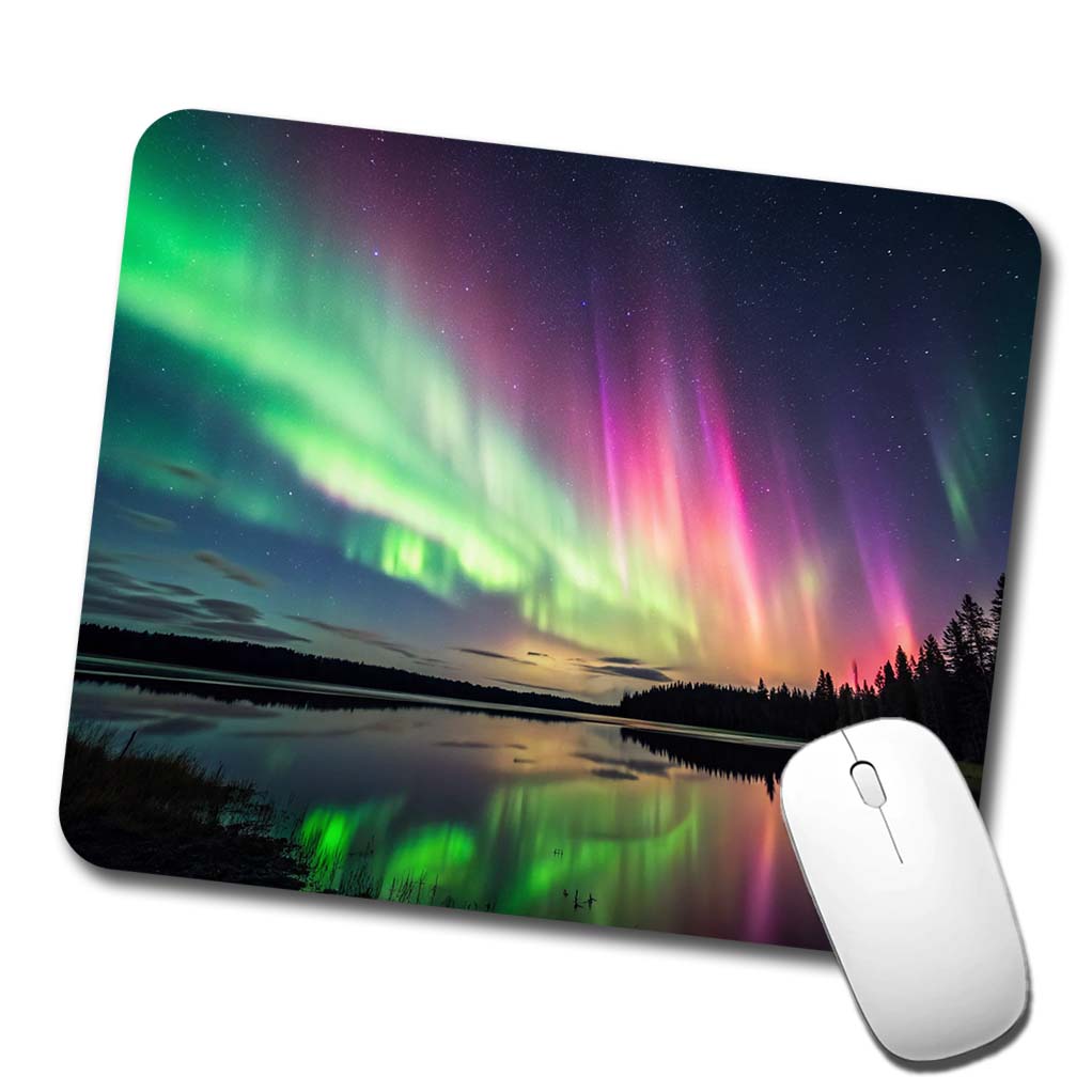 Aurora Borealis Northern Lights Over Lake Low Profile Mouse Pad Mat