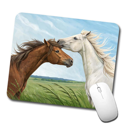 Brown White Horses Love Low Profile Mouse Pad Mat