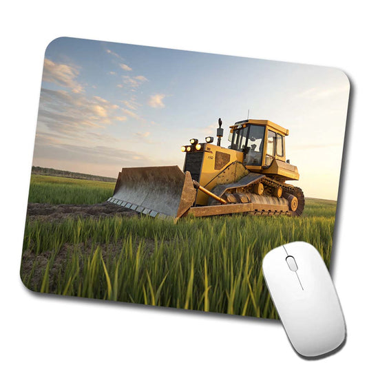 Bulldozer In Grass Field Low Profile Mouse Pad Mat
