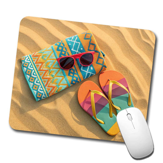 Colorful Sunglasses Flip Flops Towel On Sandy Beach Low Profile Mouse Pad Mat