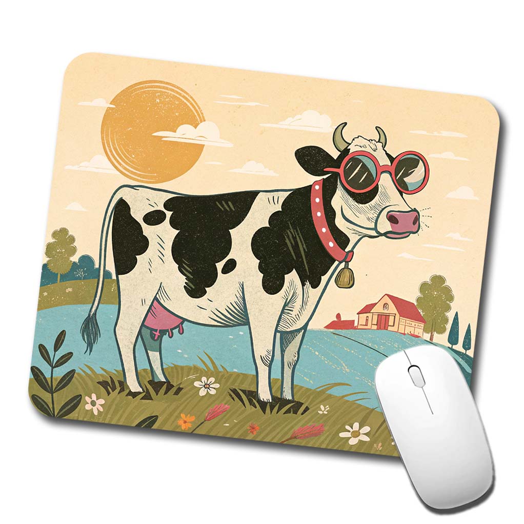 Cool Cow Wearing Sunglasses Retro Illustration Low Profile Mouse Pad Mat