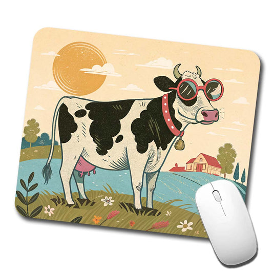 Cool Cow Wearing Sunglasses Retro Illustration Low Profile Mouse Pad Mat